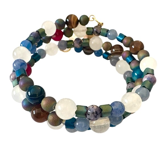 Electroplated Hematite, Sodalite, Fluorite and Galaxy Jasper Wrap Bracelet - Picture 3 of 7